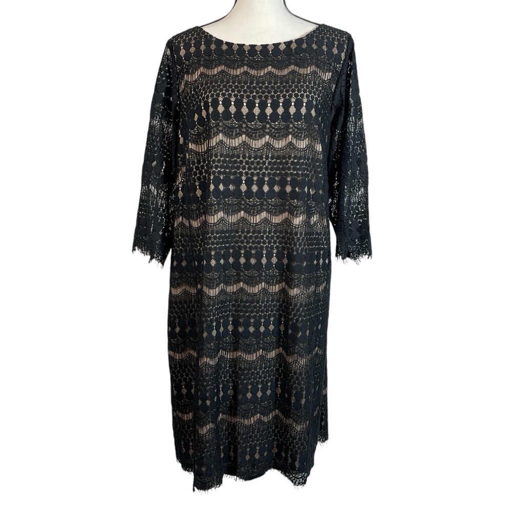 Jessica Howard Women's Shift Dress 18W Black Nude Lace 3/4 Sleeve Cocktail